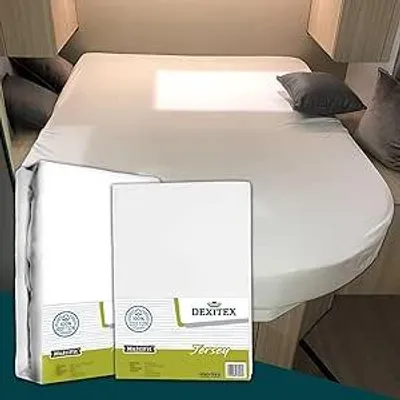 Produktbild von Dexitex Spannbettlaken + Molton Set für Wohnmobil & Caravan – Queensbett 135–160x210 cm – 100% Baumwolle, Weiß (2er Set)