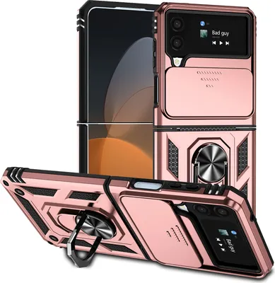 Image de Étui pour Samsung Galaxy Z Filp 4 5G étui double couche avec couvercle coulissant pour appareil photo et anneau de support Rose