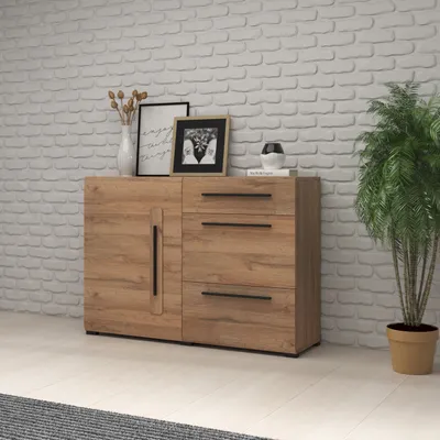 Produktbild von Masseno Kommode TULLIA 120 cm Sideboard mit 3 Schubladen und 1 Türen für Wohnzimmer Schlafzimmer Modern 120x39x86 cm Eichefarben / Eichefarben