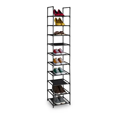 Produktbild von Relaxdays Schuhregal, 10 Ebenen, HBT: 175x33x33 cm, Metall Schuhablage, Stoff Ablage, schmal, Schuhgestell, schwarz/grau