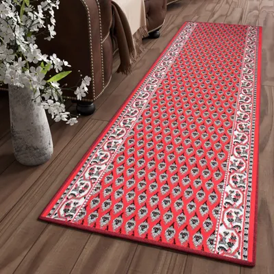 Produktbild von Läufer Teppich Meterware Flur Wohnzimmer Schlafzimmer Kurzflor Rot Klassisch Design Meliert  100 x 760