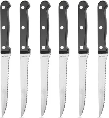 Image de 6 couteaux en acier à lame dentelée pour steaks, hamburgers, viande, grillades, set de couteaux