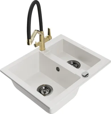 Produktbild von Mexen Carlos 1,5-Becken-Granitspüle mit Mischbatterie Duo, Weiß - 6518-20-671701-57-B