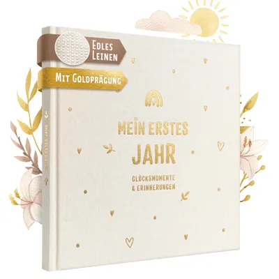 Produktbild von EULENTALER® Babyalbum mein erstes Jahr, echtes Leinen & Goldprägung I von Pädagogen gestaltet I Babytagebuch zum ausfüllen, Erinnerungsbuch