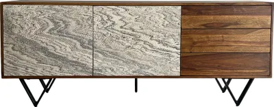 Zdjęcie produktu dla WOHNLING Kredens 175x71x40 cm Komoda z litego drewna sheesham z efektem kamienia Biała Wysoka komoda Nowoczesna szafka stojąca z 2 drzwiami i 3 szufladami