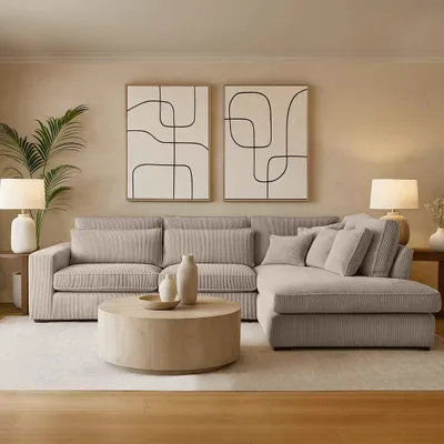 Produktbild von BEAUTYSOFA | Designer - Ecksofa PARMA, L-Form Eckcouch mit Ottomane rechts, Modernes Sofa Velours Soft Touch in Beige mit Kissen