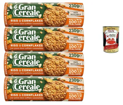 Produktbild von GranCereale Riso & Cornflakes 4x230g | Knusprige Kekse mit Reis Mais und karamellisiertem Hartweizengrieß – 100% italienische Zutaten – recycelbare Packung 920g + Italian Gourmet polpa