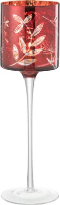 Image de J-Line Bougeoir sur pied Feuilles Verre Rouge/Or antique Large