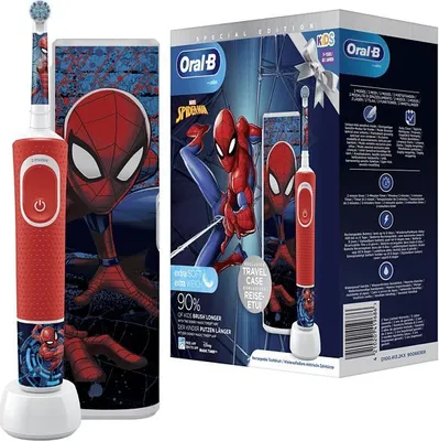 A product packaging for an Oral-B electric toothbrush with a Spiderman theme, showing the toothbrush and its travel case.
