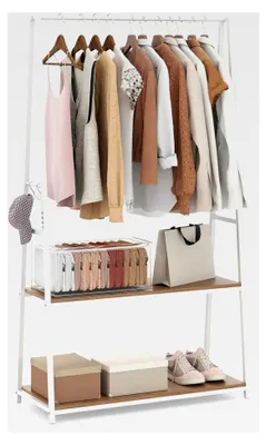 Produktbild von Kleiderständer, freistehende Garderobe mit 2 Regalen und stabiler Kleiderstange, offenes Kleiderregal mit Schuhregal für Schlafzimmer, Wohnzimmer und Flur (Weiß)