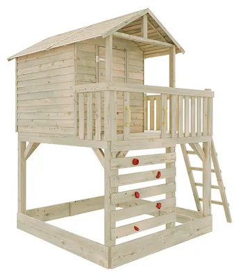 Produktbild von Belladoor Stelzenhaus Noah Braun Grün, Kesseldruckimprägniertes Kiefernholz Stelzenhaus mit Sandkasten, Veranda, Kletterwand und Leiter, Spielhaus für Kinder Garten