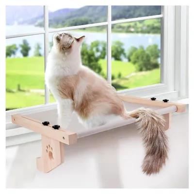 Produktbild von Katzenfenstersitz, Katzenbett Hängematte aus Holz mit verstellbarer Sitzstange für Fenster, abnehmbares und waschbares weiches Pad, belastbar bis 30 lbs