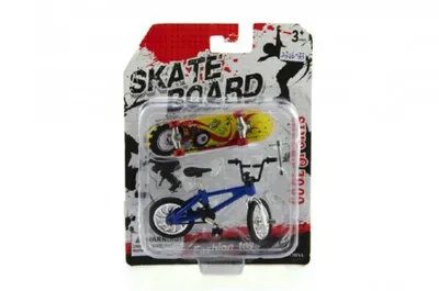 A toy skateboard and bicycle set packaged in a blister pack.