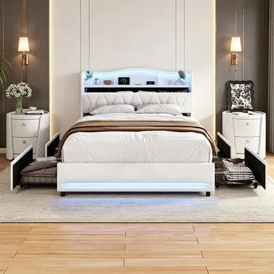 Produktbild von INONEFT Polsterbett 140x200 mit Stauraum Schublade, Doppelbett mit LED & USB, Jugendbett, Bettgestell mit Lattenrost, Stauraumbett, Samt,Beige