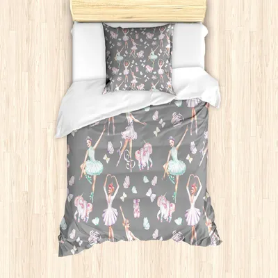 Obrázok produktu pre ABAKUHAUS Retro obliečka na perinu, baleríny lietajúce pod bábkovými jednorožcami, motýle tancujúce na sivom pozadí, 135 x 200 cm + 80 x 80 cm, viacfarebná