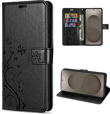 Produktbild von Hülle für Samsung Galaxy S26+ 5G Handyhülle Wallet Case Kartenfächern Blume Schwarz