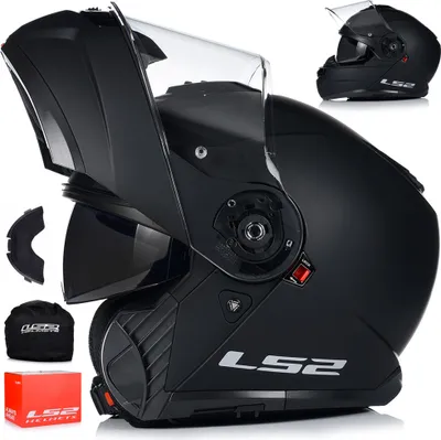 A black LS2 modular motorcycle helmet is displayed with accessories.