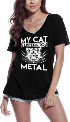 Produktbild von Damen Grafik T-Shirt V-Ausschnitt Meine Katze hört Metal – My Cat Listens To Metal – Öko-Verantwortlich Vintage Jahrgang Kurzarm Lustige Druck