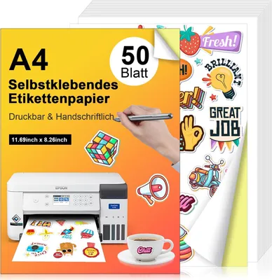 Produktbild von Stickerpapier A4, 50 selbstklebende matte weiße Etiketten, bedruckbar, für Inkjet und Laser