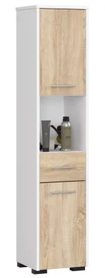 Produktbild von Badezimmerschränk AKORD FIN Hochschrank B30 x H140 x T30 cm Gewicht 25 kg 2 Ablagen mit Türen (je oben und unten) 1 Schublade 1 offenes Fach als Hängeschrank für Wandmontage geeignet Farbe: Weiß Hellbraun