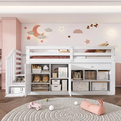 A child's bedroom featuring a loft bed with storage underneath.