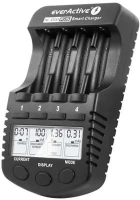 A black battery charger with a digital display and slots for batteries.