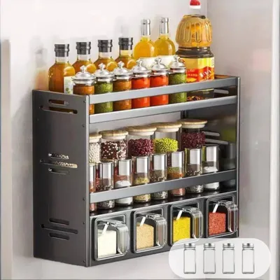 Produktbild von Gewürzregal mit Gewürzgläsern, freistehend und zur Wandmontage, Gewürzgläser mit Ablage, Gewürzständer/Gewürzhalter, Gewürzorganizer für Arbeitsplatte/Küchenschrank, zum Aufhängen ohne Bohren