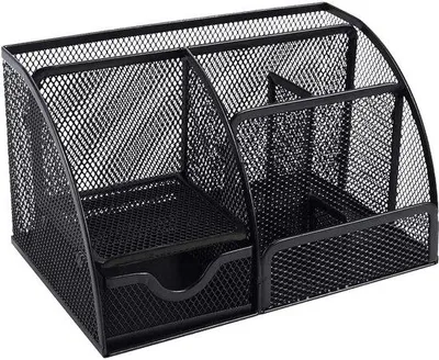 Zdjęcie produktu dla Metalowy organizer biurowy w kolorze czarnym z 6 przegródkami i uchwytem na długopisy