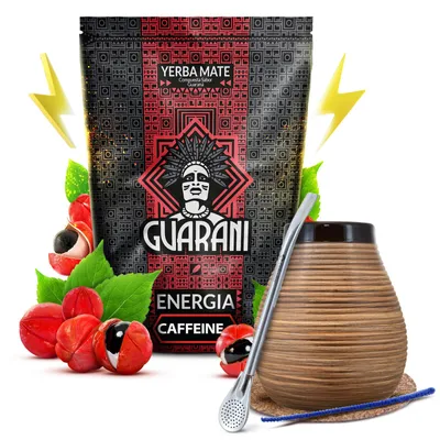 Produktbild von Guarani - Mate Tee Set Energia Caffeine+ 500g - Mate Becher 350ml - Bombilla Mercedes 19cm - Rauchig & Viel Staub - Yerba Mate Paraguay