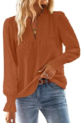 Zdjęcie produktu dla TUUHAW Koszula z długim rękawem damska, styl boho, elegancka tunika, top, kolor pomarańczowy, rozmiar XS