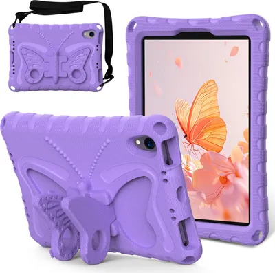 Produktbild von Kinder Hülle für iPad mini (2024)/iPad mini (A17 Pro)/iPad mini (2021)/iPad mini 6 8,3" Leicht Stoßfeste EVA Kindgerechtes Schutzhülle mit Schultergurt, Schmetterlings-Ständer Lila