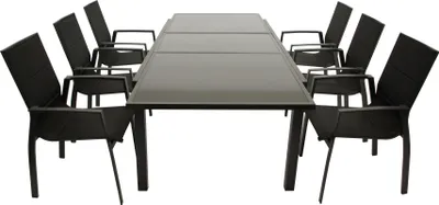 Produktbild von DEGAMO Gartengarnitur Essgruppe TORINO 9-teilig, Aluminium anthrazit+ Kunstgewebe schwarz, 8x Stapelsessel, 1x Ausziehtisch 180/240x100cm