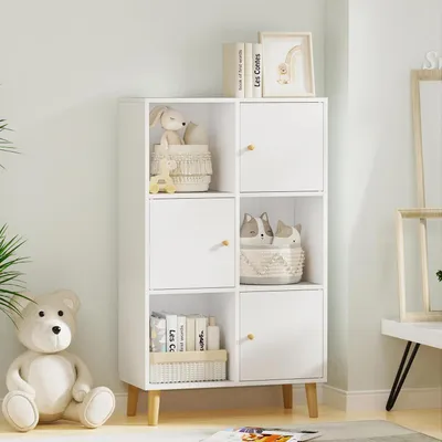 Immagine prodotto di Libreria a 3 ripiani, 6 vani, in legno, bianca, dimensioni 64,5 x 30 x 110 cm