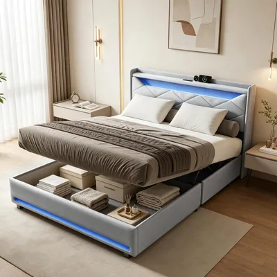 Produktbild von INONEFT Polsterbett 160x200cm mit USB-LED, Doppelbett mit Kopfteil, Jugendbett, hydraulisches Boxspringbett, Stauraumbett mit Lattenrost, Leinen, Grau