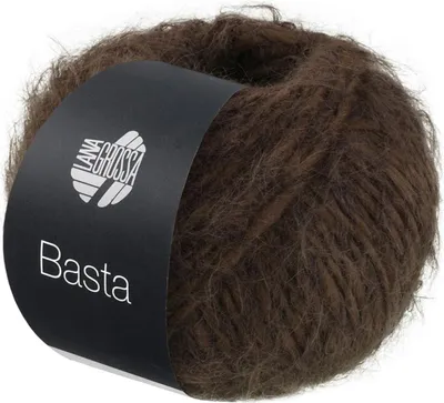 A ball of brown yarn with a black label.