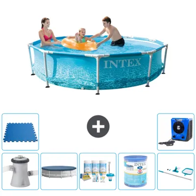 Produktbild von Intex Rundrahmen-Schwimmbecken – 305 x 76 cm – Wasserdruck – inklusive Pumpe Abdeckung - Wartungspaket - Filter - Reinigungskit - Bodenfliesen - Wärmepumpe