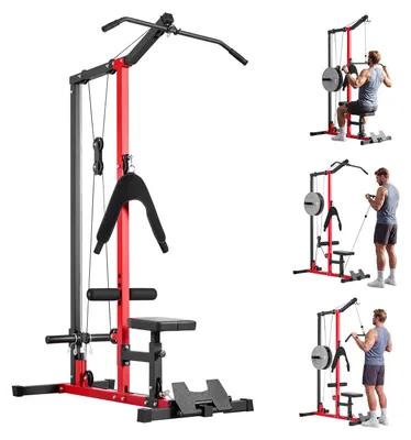 Produktbild von Latzugstation - 3-in-1 Latzugturm/Kabelzugstation - Bis 181 kg belastbar - Mit Latzugstange & Kabelzug - Rücken Arme Schultern Bauch - Für Zuhause & Fitnessstudio - Schwarz