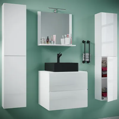 Produktbild von VCM 5-tlg. Waschplatz Waschtisch | schwarzes Waschbecken Unterschrank Breite 60 cm | Badmöbel Set mit Schubladen Drehtüren Spiegel | Lendas S BL