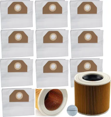 A collage of vacuum cleaner bags and filters.