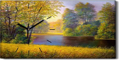 Produktbild von Leinwand Wanduhr Wandkunst Uhr 60x30 Gemälde Wald Bäume Blumen Fluss Natur - schwarze Hände