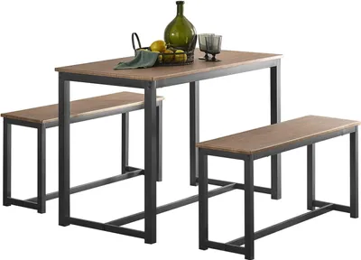 Obrázek produktu pro SoBuy jídelní stůl a lavice, 3dílná sada, kuchyňský stůl se 2 lavicemi do jídelny, obývacího pokoje, na balkon, ocelový rám, stůl 110x58x74cm, pohovky 95x29x46