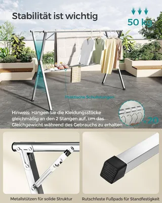 Produktbild von Ausziehbarer Wäscheständer – Wäscheständer – Kleiderständer – Edelstahl – 66 x (133–200) x 130 cm