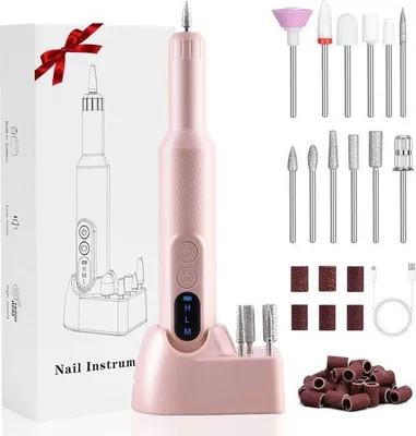 Productafbeelding van Unyqoos® URAQT Elektrische nagelfreeser, draadloos, met 12 opzetstukken, 3 standen tot 18.000 omwentelingen per minuut, oplaadbasis en Type-C aansluiting, 36 schuurbandjes, manicure/pedicure set, roze
