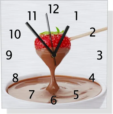 Produktbild von Wallario Design Wanduhr Schoko-fondue mit Erdbeer am Stiel aus Aluverbund, Größe 30 x 30 cm