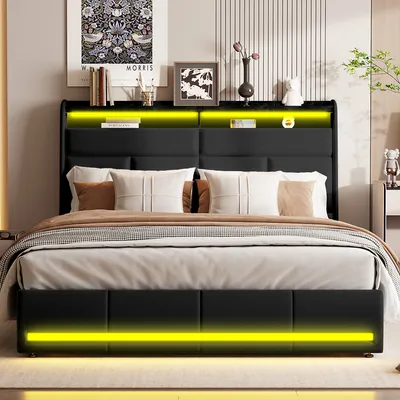 Produktbild von Gepolstertes Doppelbett 160 x 200 cm mit LED-Beleuchtung und Stauraum, Lattenrost aus Holz, Schwarz
