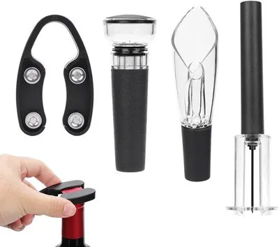 Imagen del producto de Juego de abridores de vino con sistema de vacío, que incluye un dispositivo de vertido, papel de aluminio y tapones para botellas