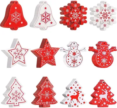 Produktbild von Christbaumschmuck Set 60 Stück - Holz - Ø 5 cm - Rot Weiß - 12 verschiedene Designs - Weihnachtsbaumdekoration