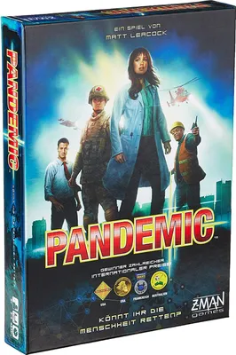 The image shows the box art for the board game Pandemic, featuring characters and thematic elements.