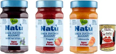 Produktbild von Rigoni di Asiago Natù Testpaket -Aprikosen Zubereitung, marmelade Ohne Zuckerzusatz 3x 240g + Italian Gourmet Polpa di Pomodoro 400g Dose