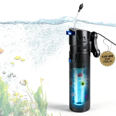 Productafbeelding van 4-in-1 aquariumpomp filter met UVC-lamp en stille sproeier, 700 l/u